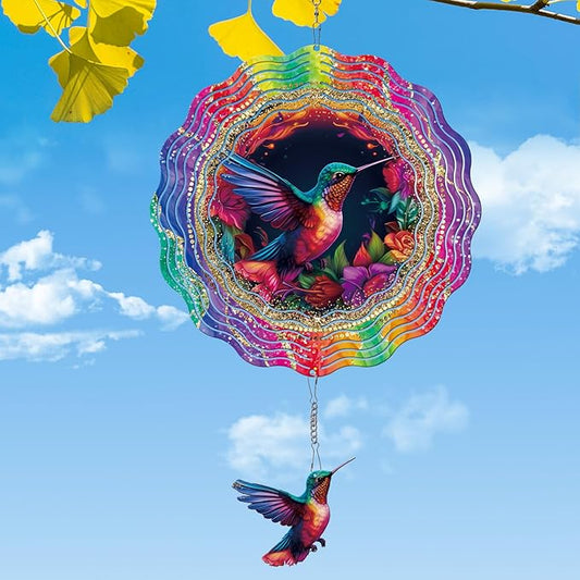 Hummingbird Wind Spinners Outdoor - Hummingbird 3D Metal Yard Wind Spinner Hanging Lawn Christmas Decor for Yard and Garden Kinetic Art Ornament Gifts, (12 X 12 Inches)