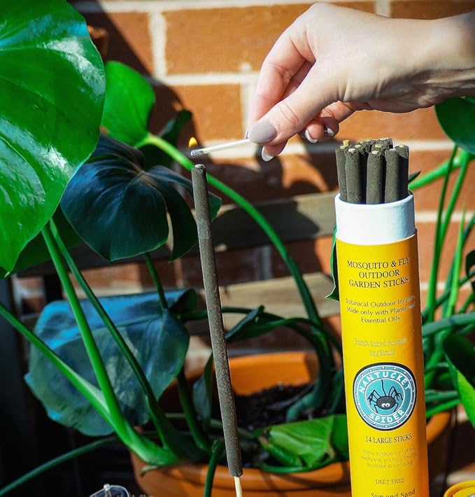 Nantucket Spider Bundle | Garden Repellent Sticks 14 Pack and Incense Stick Holder | Repels Mosquitoes & Flies | Long Lasting | Soapstone Block, Handmade Bamboo Based Sticks, Sun and Sand