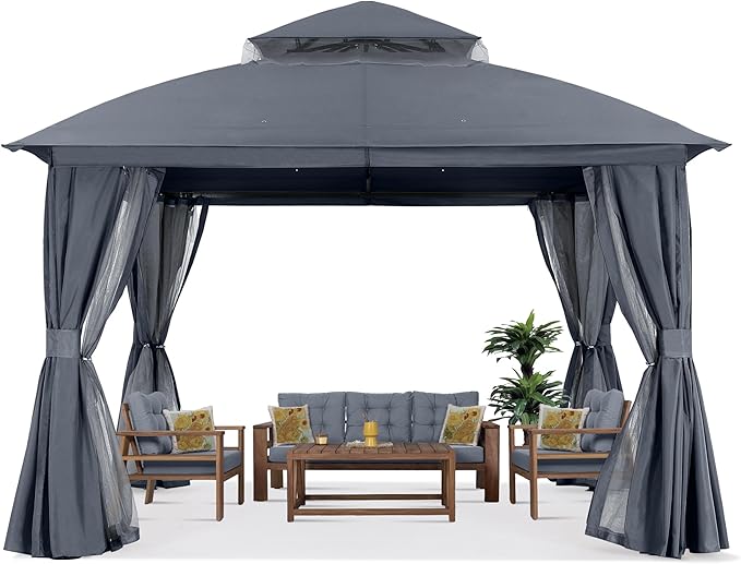 MASTERCANOPY 11'x11' Outdoor Patio Arch Gazebo with Double Roofs, Mosquito Nettings and Privacy Screens for Backyard, Garden, Lawn, Dark Grey