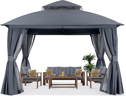 MASTERCANOPY 11'x11' Outdoor Patio Arch Gazebo with Double Roofs, Mosquito Nettings and Privacy Screens for Backyard, Garden, Lawn, Dark Grey