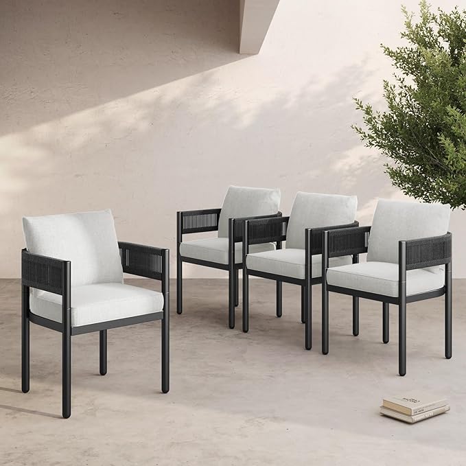 Grand patio Outdoor Dining Chairs Set of 4, 4 Pieces Patio Dining Chairs, Metal Woven Wicker Fixed Patio Chairs with Grey Cushions for Backyard, Deck, Garden, Porch, Lawn and Poolside (Black)