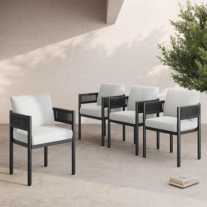 Grand patio Outdoor Dining Chairs Set of 4, 4 Pieces Patio Dining Chairs, Metal Woven Wicker Fixed Patio Chairs with Grey Cushions for Backyard, Deck, Garden, Porch, Lawn and Poolside (Black)