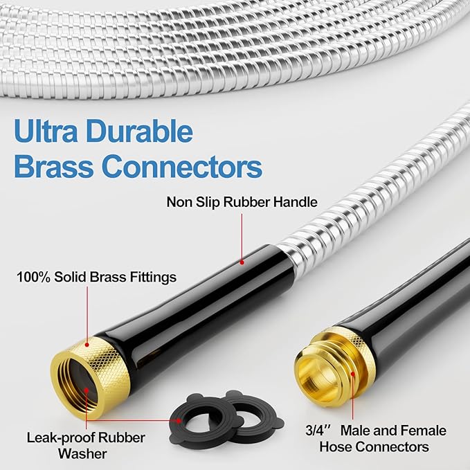 SPECILITE 125 FT Garden Hose, 304 Stainless Steel Metal Heavy Duty Flexible Water Pipe, Kink Free, Durable, Lightweight for Yard, Outdoor with Rubber Grip