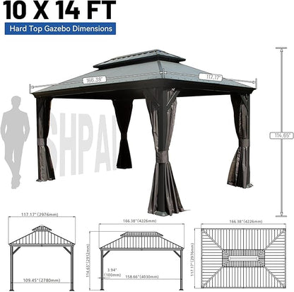 Outdoor Hardtop Gazebo for Patio 10x14FT with Resin-Galvanized Steel Roof, Metal Hard Top Gazebo with Gutters, Heavy Duty Gazebos All Season with Curtains & Netting, for Deck, Backyard, Hot Tub
