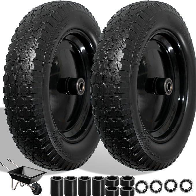 Wheelbarrow Tire 4.80/4.00-8 Flat Free Solid Tire Wheel 14.5 Inch, Replacement Heavy Duty Wheel, with 5.8" and 3.4" Bearings 3" Center Hub, fits Garden Cart, Dolly, Hand Truck, Trailer, Wagon, 2 Pcs