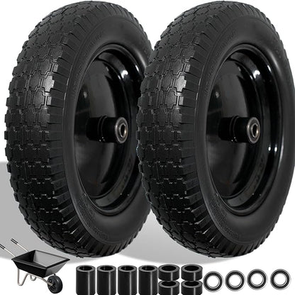 Wheelbarrow Tire 4.80/4.00-8 Flat Free Solid Tire Wheel 14.5 Inch, Replacement Heavy Duty Wheel, with 5.8" and 3.4" Bearings 3" Center Hub, fits Garden Cart, Dolly, Hand Truck, Trailer, Wagon, 2 Pcs
