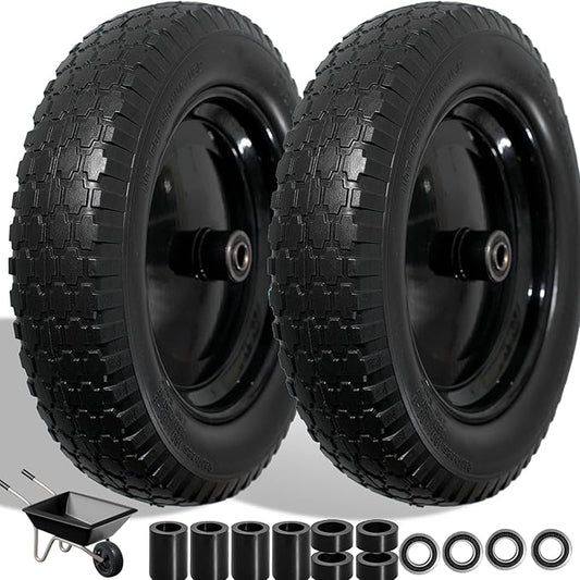 Wheelbarrow Tire 4.80/4.00-8 Flat Free Solid Tire Wheel 14.5 Inch, Replacement Heavy Duty Wheel, with 5.8" and 3.4" Bearings 3" Center Hub, fits Garden Cart, Dolly, Hand Truck, Trailer, Wagon, 2 Pcs