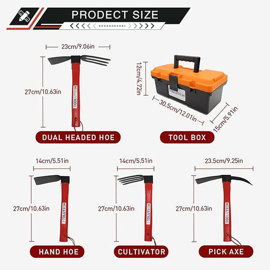 4-Pcs Gardening Tool Set – Pick Axe, Hoe, Hand Tiller & Garden Weasel Rake with 10.6" Wooden Handles, DIY Assembly Required, Garden Tools for Digging, Soil Loosening, Weeding & Cultivating
