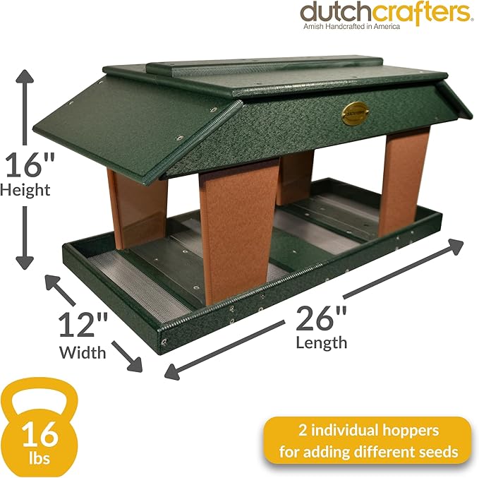 DutchCrafters Poly Post Mount Extra Large Double Hopper Bird Feeder, Outdoor Wild Bird Feeder for Outside, USA Amish Made (Turf Green & Cedar)