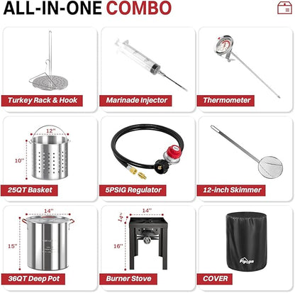 36QT Outdoor Fryer | Turkey Deep Fryer | Seafood Boil Pot | Cover & Skimmer Included | 50,000BTU Propane Burner | Aluminum Deep Fryer Pot with Basket | Crab, Seafood & Crawfish Boiler