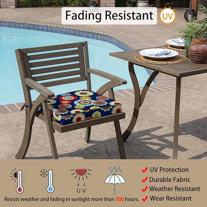 Magpie Fabrics Indoor Outdoor Waterproof Square Chair Cushion, 18" x 18" x 2.5", 2 Pack, Water Resistant Seat Cushions, for Patio Garden Office, Floral Navy