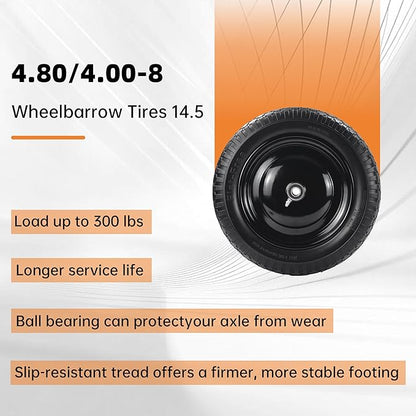 2PC 14.5" Wheelbarrow Tires, 4.80/4.00-8" Flat-Free Tire and Wheel, 5/8" Bearings, Extra 3/4" Bearing, Adjustable Center Hub for 3 to 7", Fits 4.80-8, 4.00-6, 3.50/2.50-8 Wheels, Maximum Load 300 lbs.