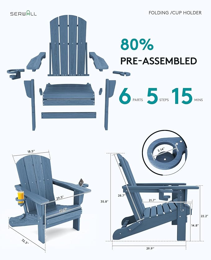 SERWALL Folding Adirondack Chair, HDPE Adirondack Chairs Set of 8, Plastic Outdoor Chairs- Looks Exactly Like Real Wood- Navy