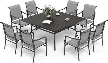 Patio Table and Chairs Set of 8, All-Weather Breathable Textilene Patio Chair with Gourd-Shaped Armrests, 60x60 Square Table with Umbrella Hole, 9 Pcs Metal Frame Patio Dining Set