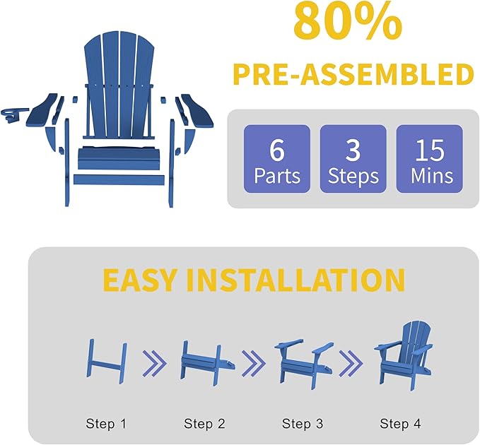 Kingdura Foldable Adirondack Chair, Portable HDPE All Weather Resistant Outdoor Patio Chair, Wooden Textured with Cup Holder, 380LBS Capacity for Poolside, Backyard, Deck, Fire Pit (Navy Blue)