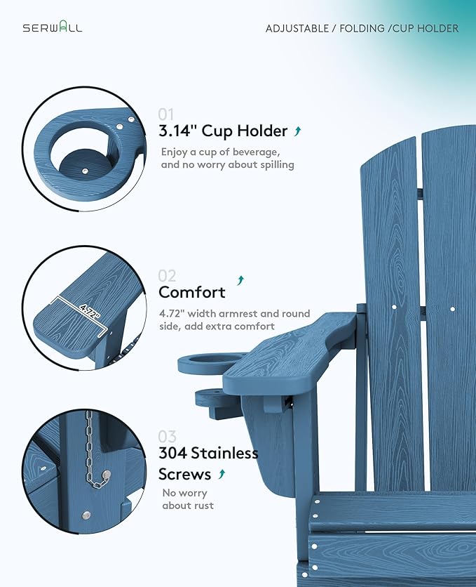 SERWALL Folding Adirondack Chair Set of 8, Adjustable Adirondack Chair with 3 Recline Positions, All Weather HDPE Outdoor Adirondack with Cup Holders, Blue