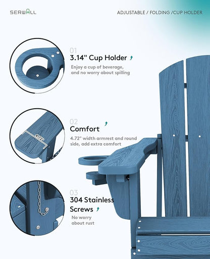 SERWALL Folding Adirondack Chair Set of 8, Adjustable Adirondack Chair with 3 Recline Positions, All Weather HDPE Outdoor Adirondack with Cup Holders, Blue