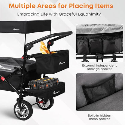 Wagon Cart with Removable Canopy,Collapsible Foldable Wagon, Heavy Duty Utility Outdoor Foldable Garden Cart with Wheels, Adjustable Handle, Outdoor Utility Wagon, Black