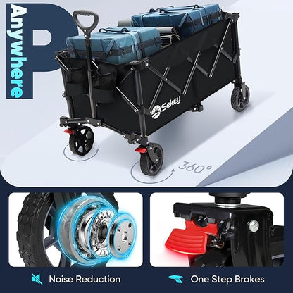 Sekey Collapsible Foldable Wagon with 330lbs Weight Capacity, Heavy Duty Folding Wagon Cart with Big All-Terrain Wheels & Drink Holders. Black