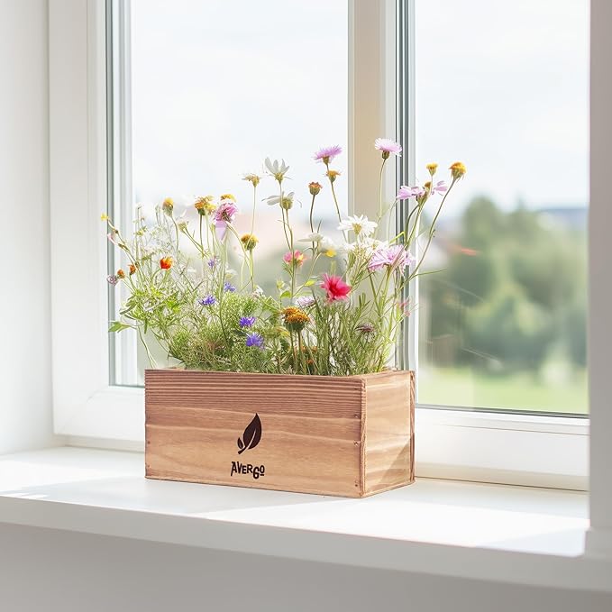 AVERGO Wildflower Seed Mix Growing Kit - Includes Perennial & Annual Wild Flowers, Burlap Planters, Soil, Wooden Box, and Gardening Tools for Indoor Garden and Patio Planting