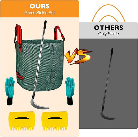 Sickle Garden Tool Set, Long Handle Weeding Sickle with Serrated Double-Edged Blade, Grass Sickle Stand Up Weeding Tool with 2 Pack Leaf Scoops, 16 Gallon Lawn Bag with Gardening Gloves for Yard