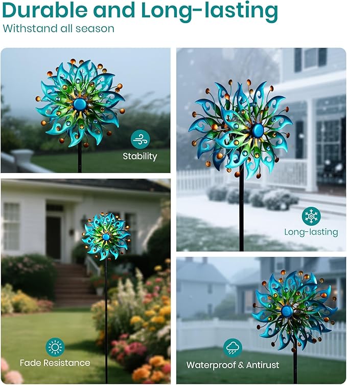 Solar Wind Spinners Outdoor – H63xW13 Metal Kinetic Garden Spinner with Crackle Glass Ball & Built-in Solar Panel – Peacock-Style Yard Wind Sculpture with LED Light