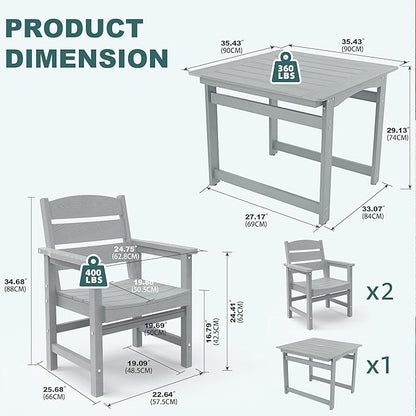 3-Piece HIPS Patio Dining Set, Outdoor Dining Table and Chairs Set with Umbrella Hole, Weatherproof Dining Table Set for 2 Person, Patio Furniture Set for Outside Deck, Grey