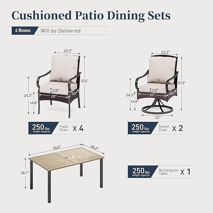 7 Piece Patio Dining Sets for 6, Outdoor Table and Chairs with Cushioned Wicker Swivel & Leg Patio Dining Chairs & Wood-Like Dining Table, Outdoor Dining Sets for Lawn Garden Backyard