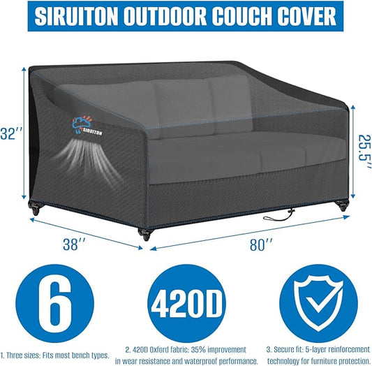 SIRUITON 4-Seat 80" W x 38" D x 32" H Garden Patio Sofa/Loveseat/Bench Cover,Heavy Duty 420D Oxford Waterproof Outdoor Sofa Cover, Lawn Patio Furniture Covers