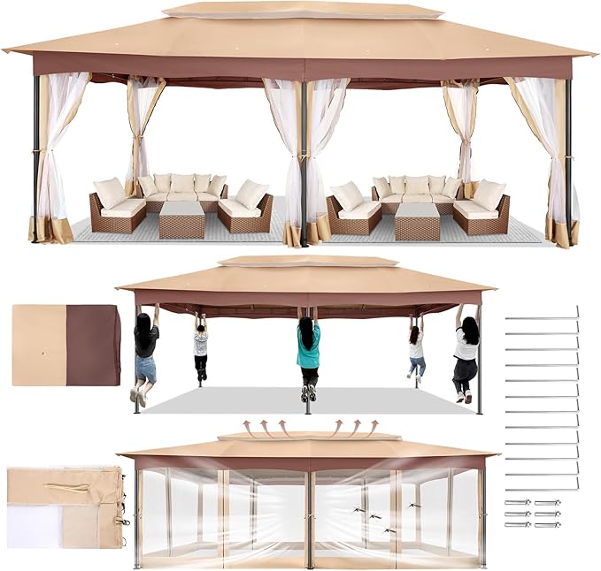 COBIZI Gazebo 12x20 Heavy Duty Gazebos with Improved Nettings Outdoor Gazebo Canopy Double Roof Patio Gazebos with Metal Steel Frame for Patio, Garden, Backyard (Khaki)