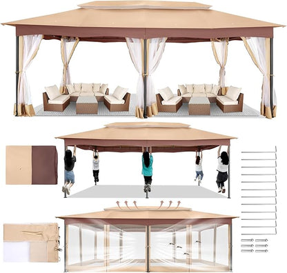 COBIZI Gazebo 12x20 Heavy Duty Gazebos with Improved Nettings Outdoor Gazebo Canopy Double Roof Patio Gazebos with Metal Steel Frame for Patio, Garden, Backyard (Khaki)