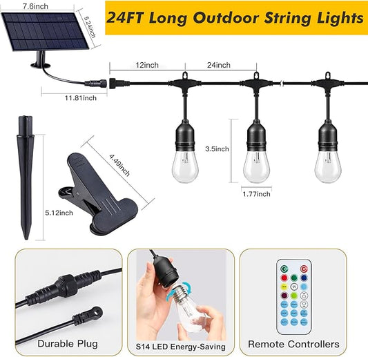 Auroraworld 24FT RGB Outdoor String Lights, Dimmable Color Changing Waterproof LED Patio Lights with Remote, 12 Shatterproof Bulbs for Garden Party Decor