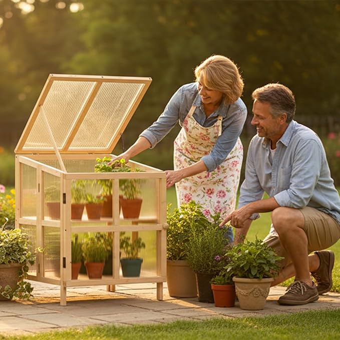 JOYBASE Wooden Cold Frame Greenhouse for Outdoors - 2 Tier Mini Greenhouse with Adjustable Roof - Ideal for Patio, Balcony, Garden & Seed Starting