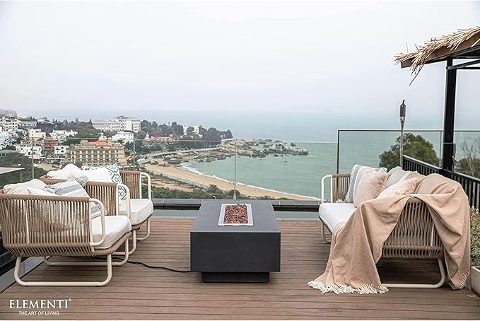 Elementi Granville Gas Fire Pit Cast Concrete Fire Table, Outdoor Fire Pit Electronic Ignition | Canvas Cover, Lava Rock Included | Free AMS Wind Guard | Dark Gray (Propane Gas)