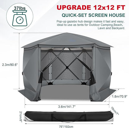 COBlZl Pop Up Gazebo 12x12 Screen House Tent for Camping, Outdoor Instant Stargazing Gazebo Canopy with Awning 2.0, Portable Hub Tent with Removable Sidewalls,Pavilion for Backyard,Gray
