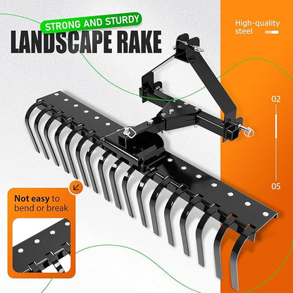 KUAFU 50" 3 Point Landscape Rake for Category-0 Cat-0 Tractor with 360 Degree Rotation, Replaceable Spring Tines and Pin Hith, Rock Attach Rake Tow Behind Dethatcher for Lawn, Garden, Farm, Grass