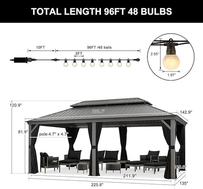 PURPLE LEAF Hardtop Gazebo 12' x 20' Gazebo with Galvanized Steel Double Roof and Aluminum Frames All Weather Wind Resistance Heavy Duty Large Pavilion Gazebos for Patio Deck Garden, Light Grey