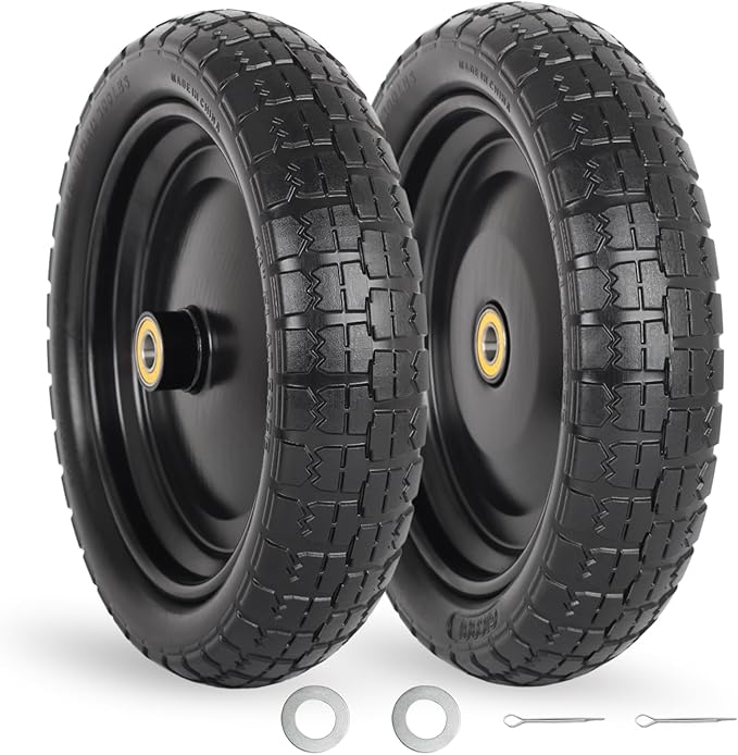 13" Flat-free Solid Tire and Wheel, with 5/8" Axle Bore Hole, 2.2" Offset Hub, Replacement 4.00-6 Wheelbarrow tire, Compatible with Garden Wagon Trolley Dolly, 2 Pack