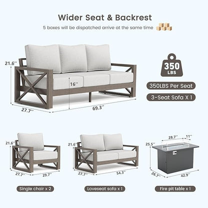 UDPATIO 5 Piece Aluminum Patio Furniture Set with Fire Pit Table, Faux Wood Patio Conversation Set with 6" Olefin Cushions, Aluminum Outdoor Furniture, 600D Waterproof Cover Included, Light Grey