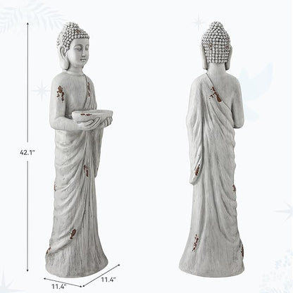 Zen Garden Asian Buddha Statue, 42.1" Large Outdoor Yard Sculpture,Durable Magnesium Oxide Stone Decor for Patio, Yard,Indoor Spaces, Antique White