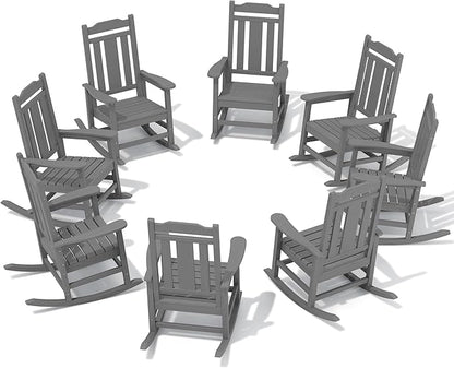 SERWALL Outdoor Rocking Chair Gray Set of 8, All Weather Patio Rocking Chair, HDPE Poly Rocking Chair for Adults, Heavy Duty Front Porch Rocker