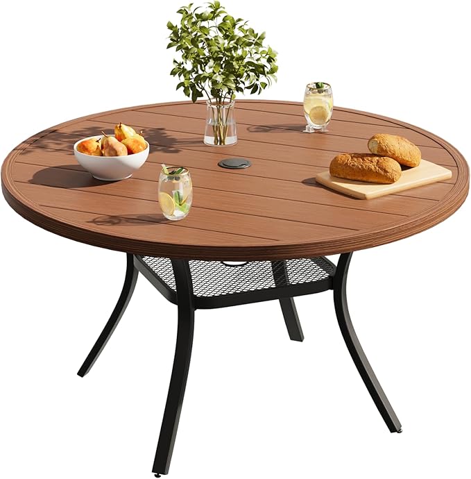 VICLLAX 40.6" Round Metal Outdoor Dining Table for 4, Patio Table with Umbrella Hole and Storage Shelf for Garden, Lawn, Deck, Walnut