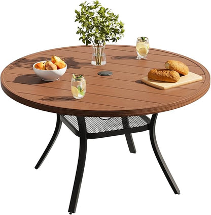VICLLAX 40.6" Round Metal Outdoor Dining Table for 4, Patio Table with Umbrella Hole and Storage Shelf for Garden, Lawn, Deck, Walnut