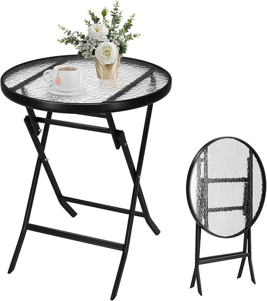 VINGLI Folding Glass Outdoor Side Table, 23.6 Inches Small Foldable Patio Bistro Table with Tempered Glass Table Top for Lawn & Garden, Balcony, Porch and Pool, Round