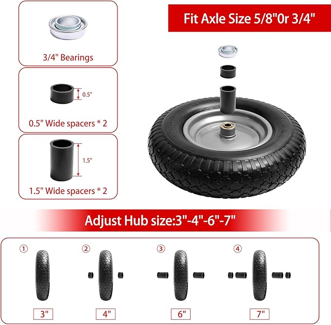 16" Flat Free Wheelbarrow Tires,4.80/4.00-8"Flat-Free Solid Tire with 3" Centered Hub,5/8" & 3/4" Bearing For Wheel Barrow Garden Utility Cart Lawn Mover Replacemen(2 Pack)