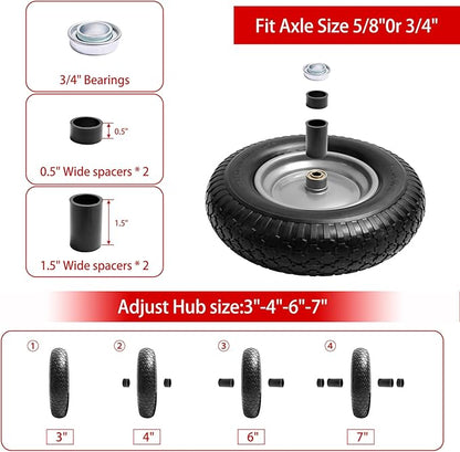 16" Flat Free Wheelbarrow Tires,4.80/4.00-8"Flat-Free Solid Tire with 3" Centered Hub,5/8" & 3/4" Bearing For Wheel Barrow Garden Utility Cart Lawn Mover Replacemen(2 Pack)