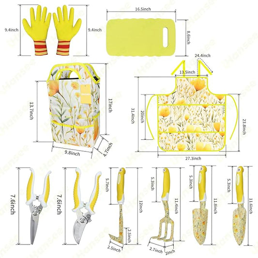 Yellow Garden Tools for Women, iHansee 10-Piece Garden Tools Set with Handbag, Gardening Hand Tool w/Non-Slip Ergonomic Handle, Floral Print Garden Supplies, Cute Gardening Gift for Mom Grandma