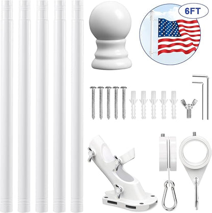 REERON Flag Pole Kit for House, 6 FT Stainless Steel Spinning Flag Pole, 1" Rustproof Porch Flagpole with 360° Tangle Free Metal Flagpole Rings & 2-Position Bracket for Outdoor Sport for 3x5 Flags
