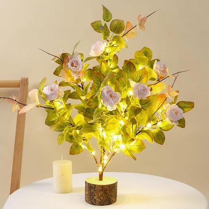 19 Inch Artificial Rose Tree Lights, Faux Silk Flower Tree with Butterfly Ivy, Prelit Tabletop Tree with Timer for Living Room Home Indoor Outdoor Decor (Pink Green)