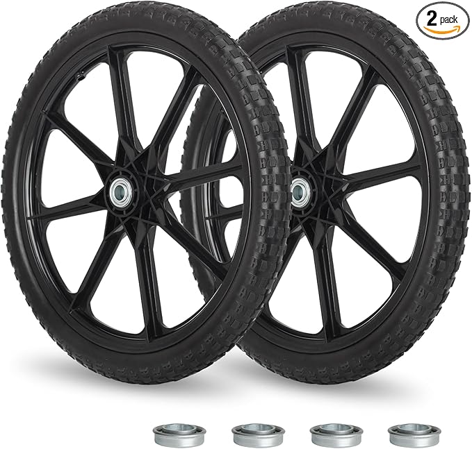 20" Flat Free Tire and Wheel, with 3/4" & 5/8" Bearing, 2.45" Centered Hub, Replacement Wheel For Rubbermaid Wheelbarrow, Garden Yard Cart, 2 Pcs
